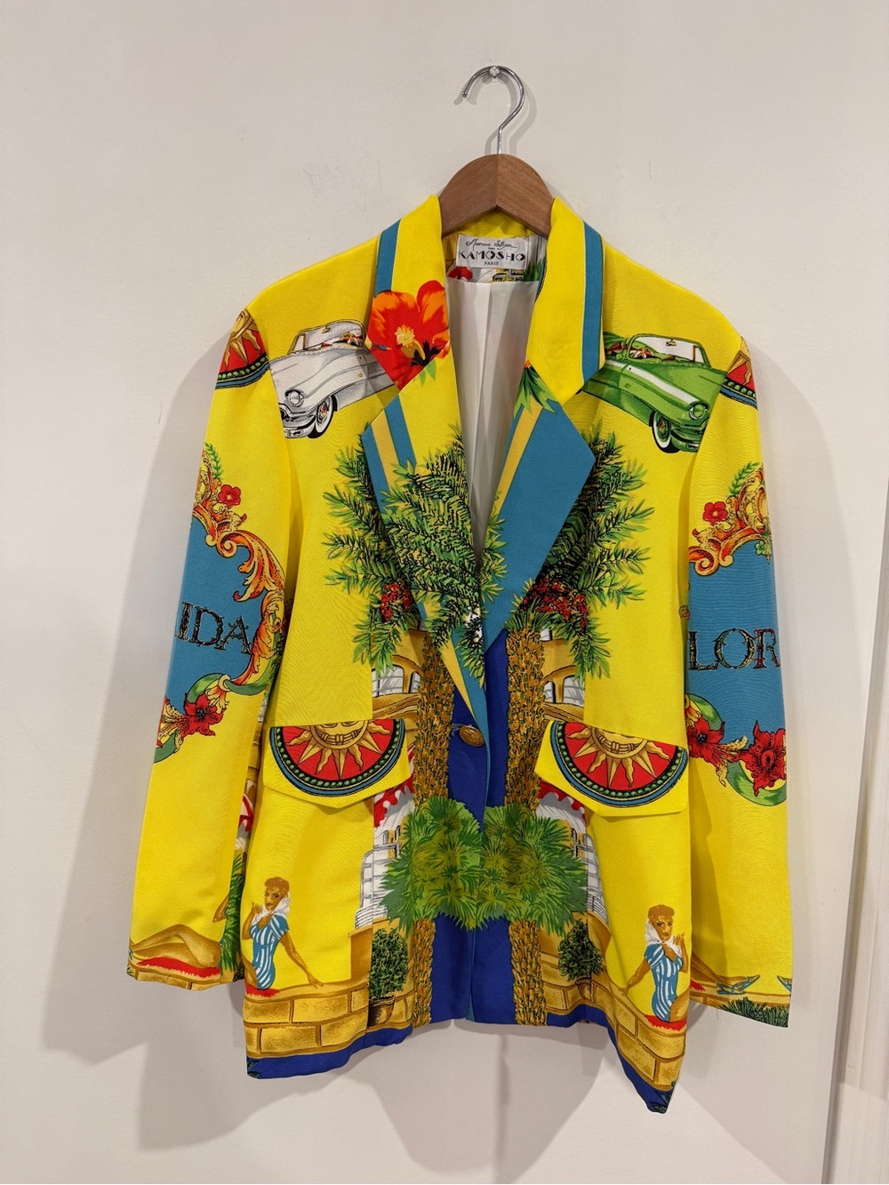 Versace-inspired Tropical Print Yellow Blazer with Blue Accents
